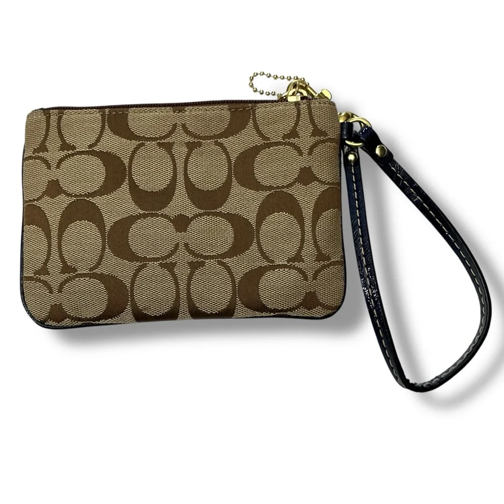 Coach Signature Navy Blue Striped Corner Zip Wristlet